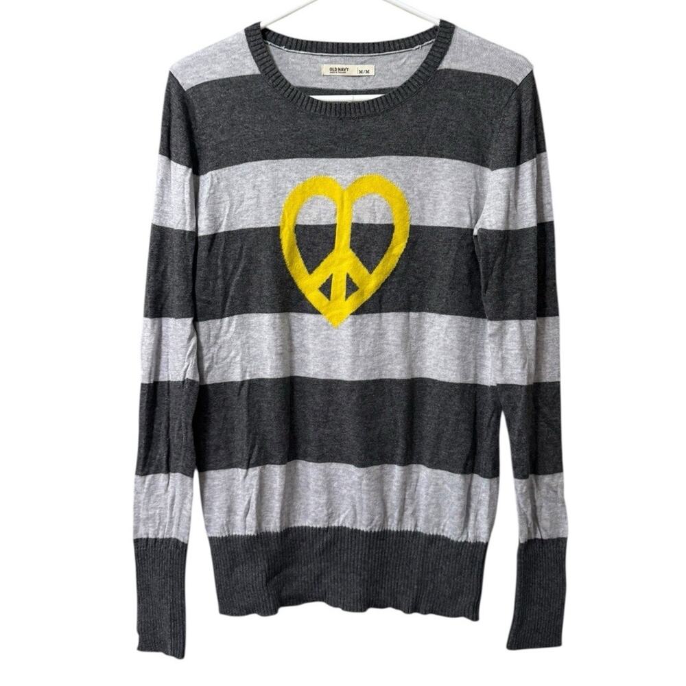 Old Navy Women Pullover Sweater Size M Yellow Heart Striped Lightweight Comfort